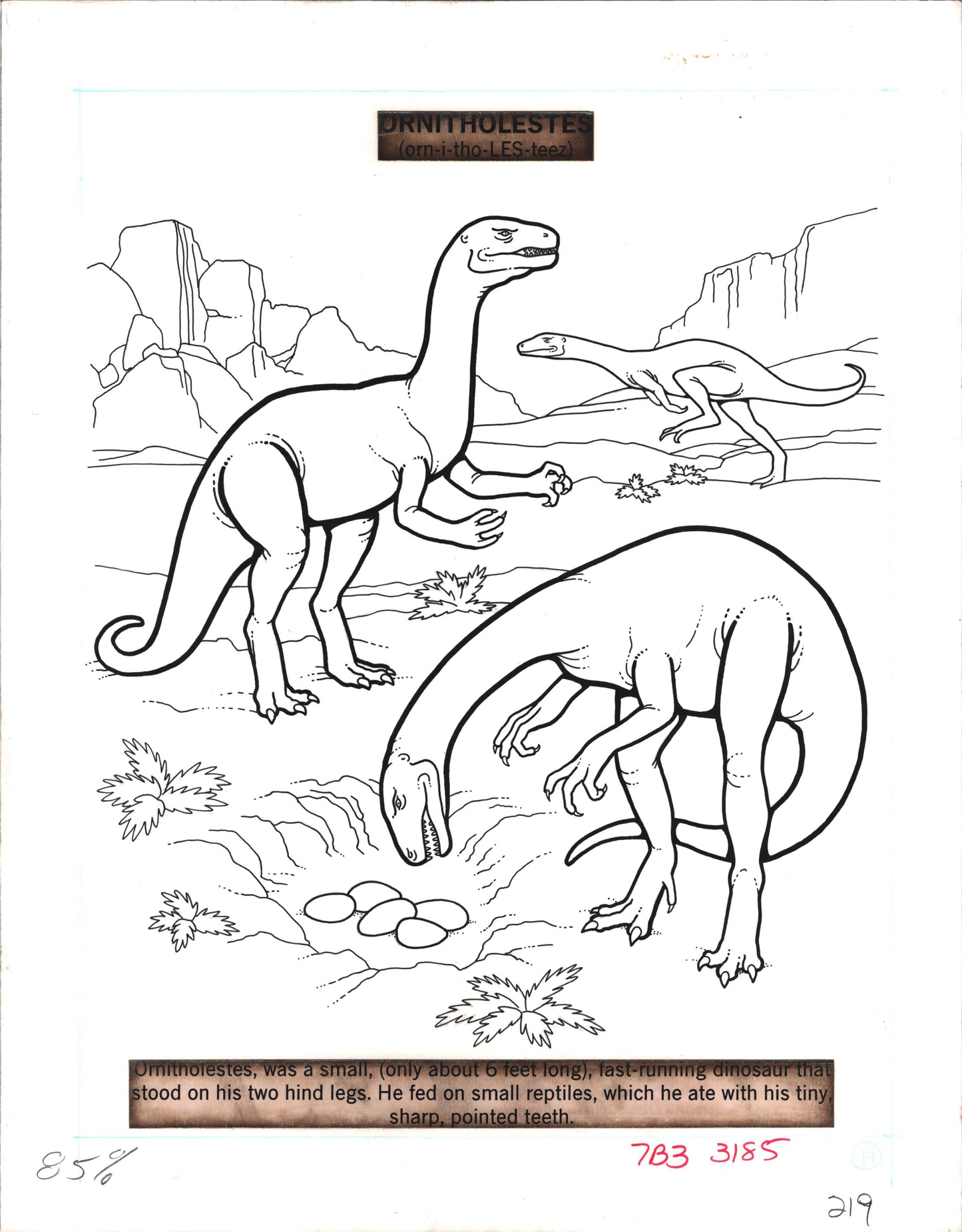 Dinosaurs Coloring Book Page Hand-Inked Illustration Drawing from Stoneway 1990 219