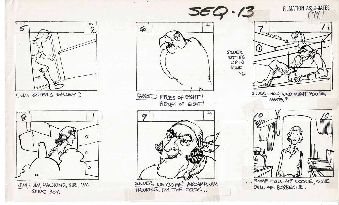 Treasure Island Storyboard Art Cartoon 2 Pages Stevenson Filmation WB 1973 B-25