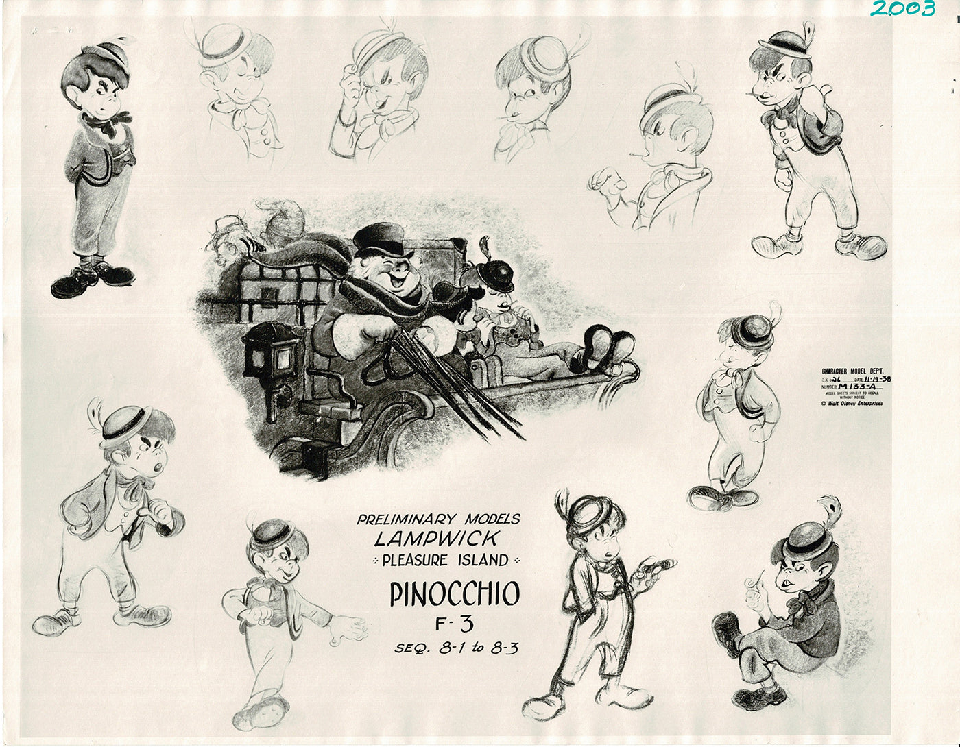Pinocchio Lampwick Walt Disney Litho Production Animation Model Sheet 1930s M3