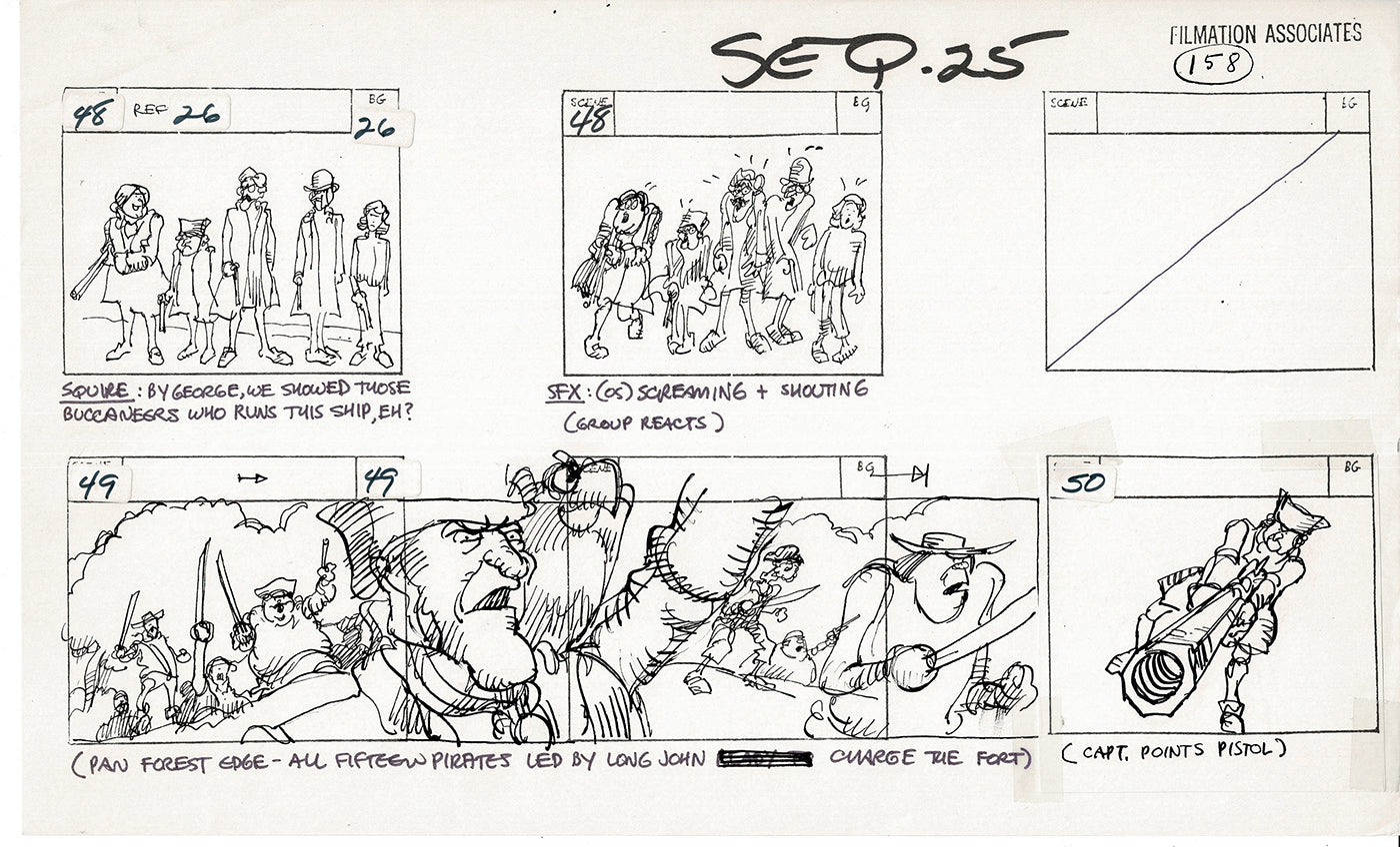 Treasure Island Storyboard Art Cartoon 2 Pages Stevenson Filmation WB 1973 C-39