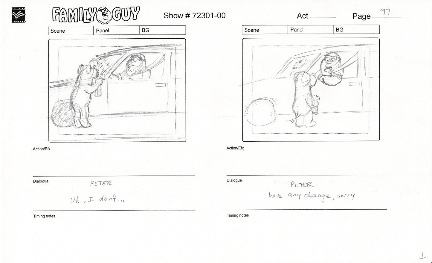 Family Guy Peter Griffin Brian Hand-Drawn Production Animation Storyboard FOX 1999 First Season 1