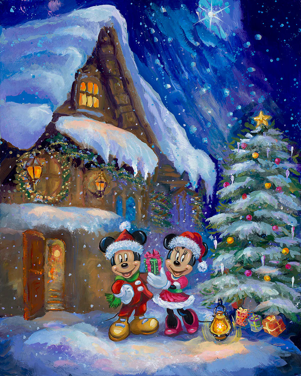 Christmas Mickey Mouse Minnie Mouse Walt Disney Fine Art Elena Penkova Signed Limited Edition 95 Canvas Print Winter Wishes at the Cottage