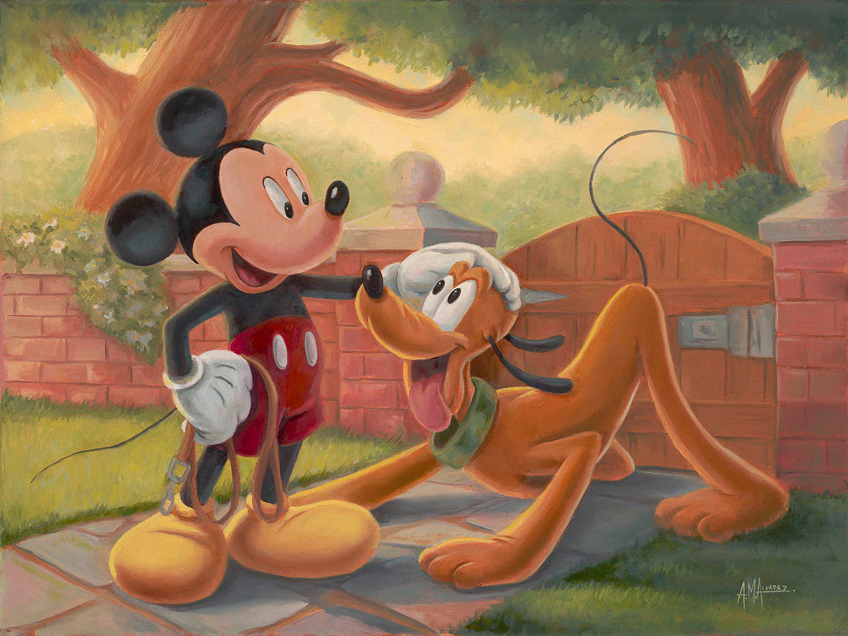Mickey Mouse and Pluto Walt Disney Fine Art Angel Alvarez Signed Limited Edition of 95 Print on Canvas Ready for a Walk, Pal?