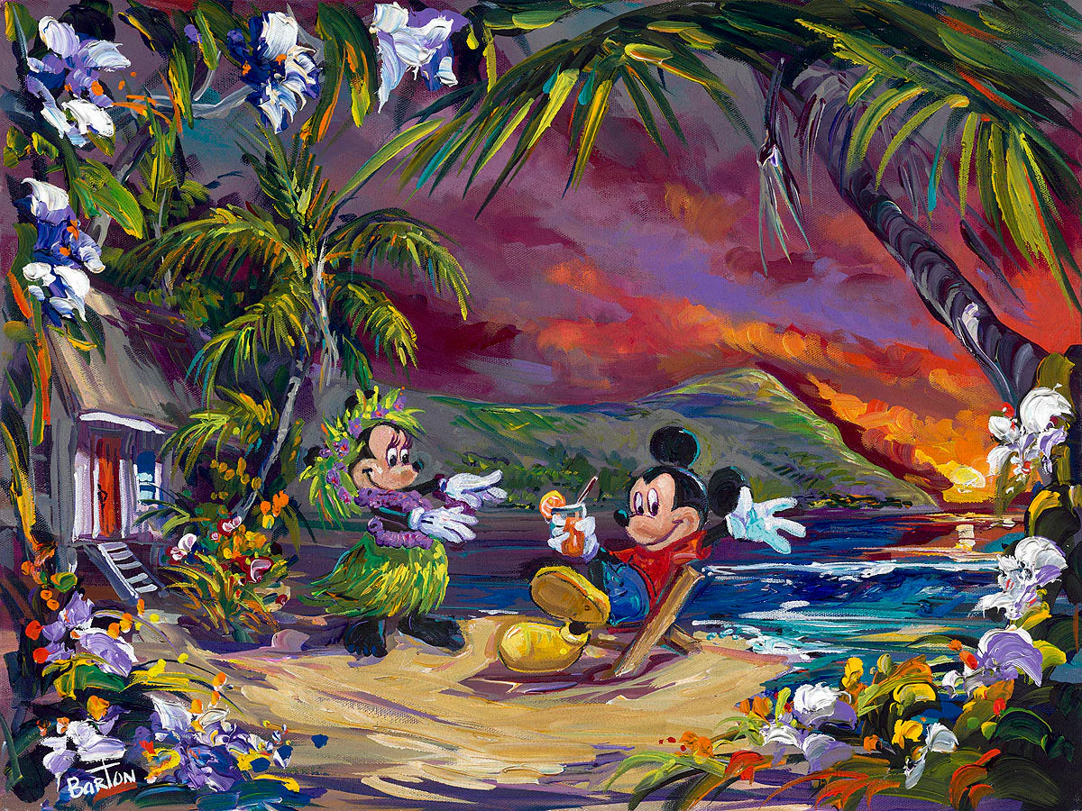 Mickey Mouse and Minnie Mouse Walt Disney Fine Art Steve Barton Signed Limited Edition of 195 Print on Canvas "Hula Love"