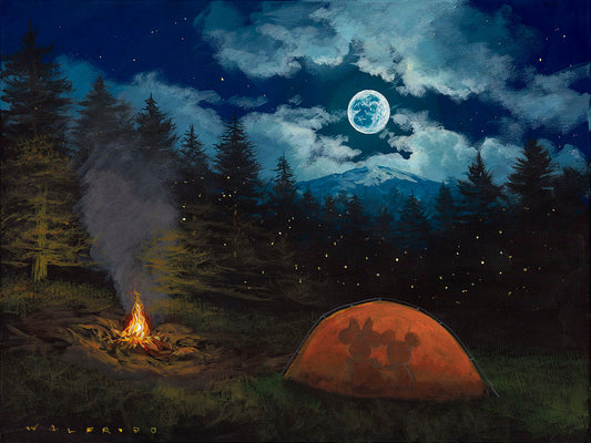 Mickey Mouse and Minnie Mouse Walt Disney Fine Art Walfrido Garcia Signed Limited Edition of 295 Print on Canvas "Camping Under the Moon"