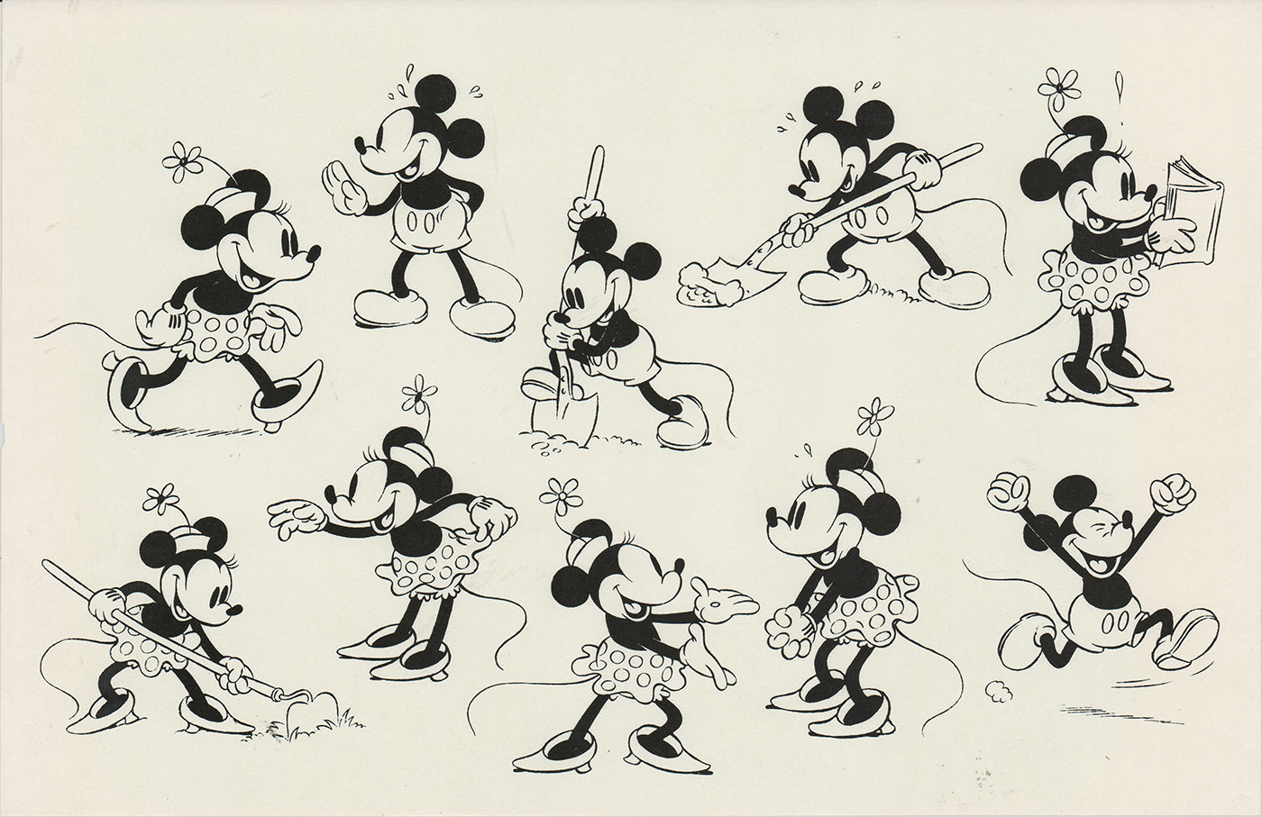 Mickey Mouse and Minnie Mouse Walt Disney Litho Production Mimeograph Animation Model Sheet A139
