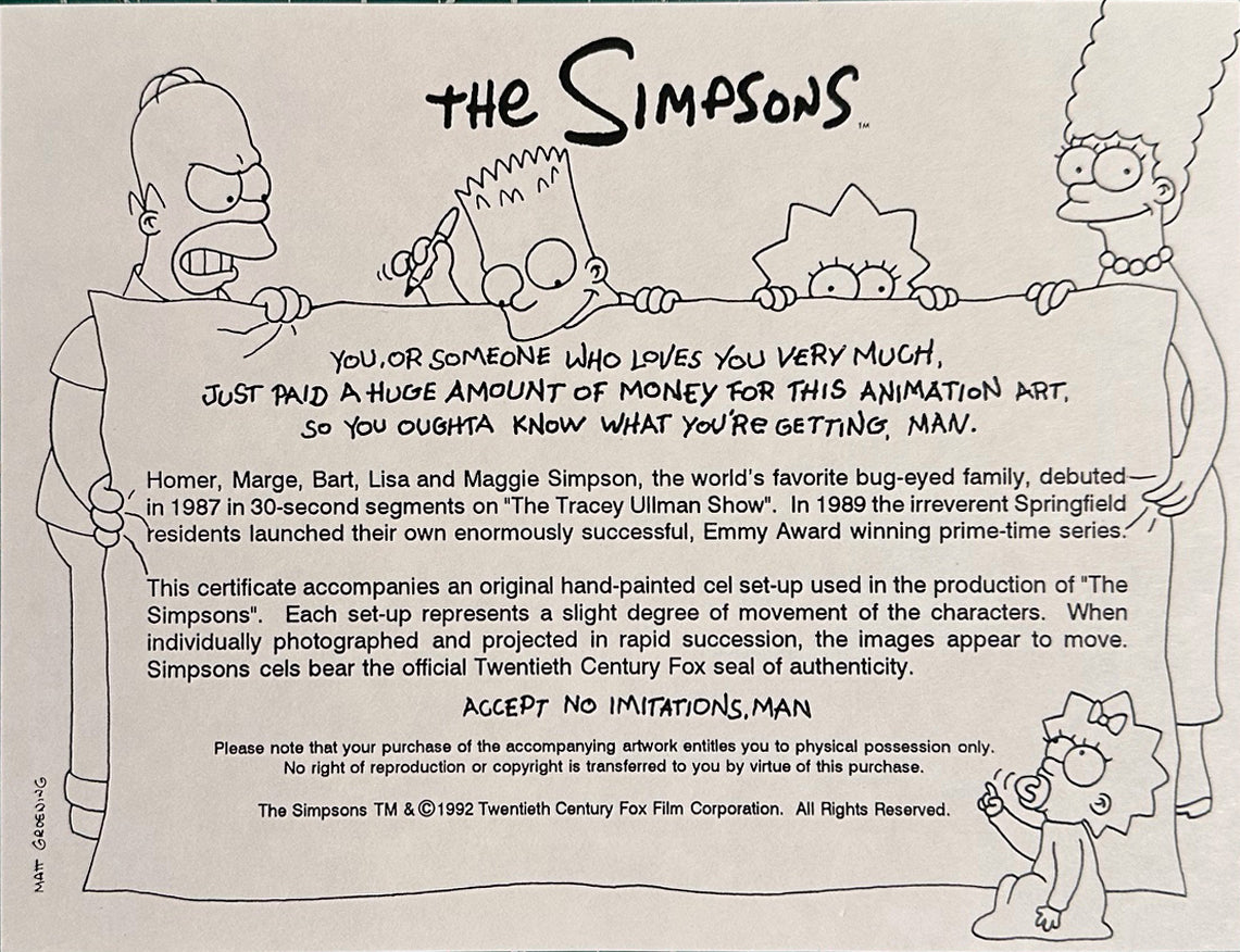 Simpsons Original Production Animation Pan Cel of Mr. Burns and Bobo from Fox 1993