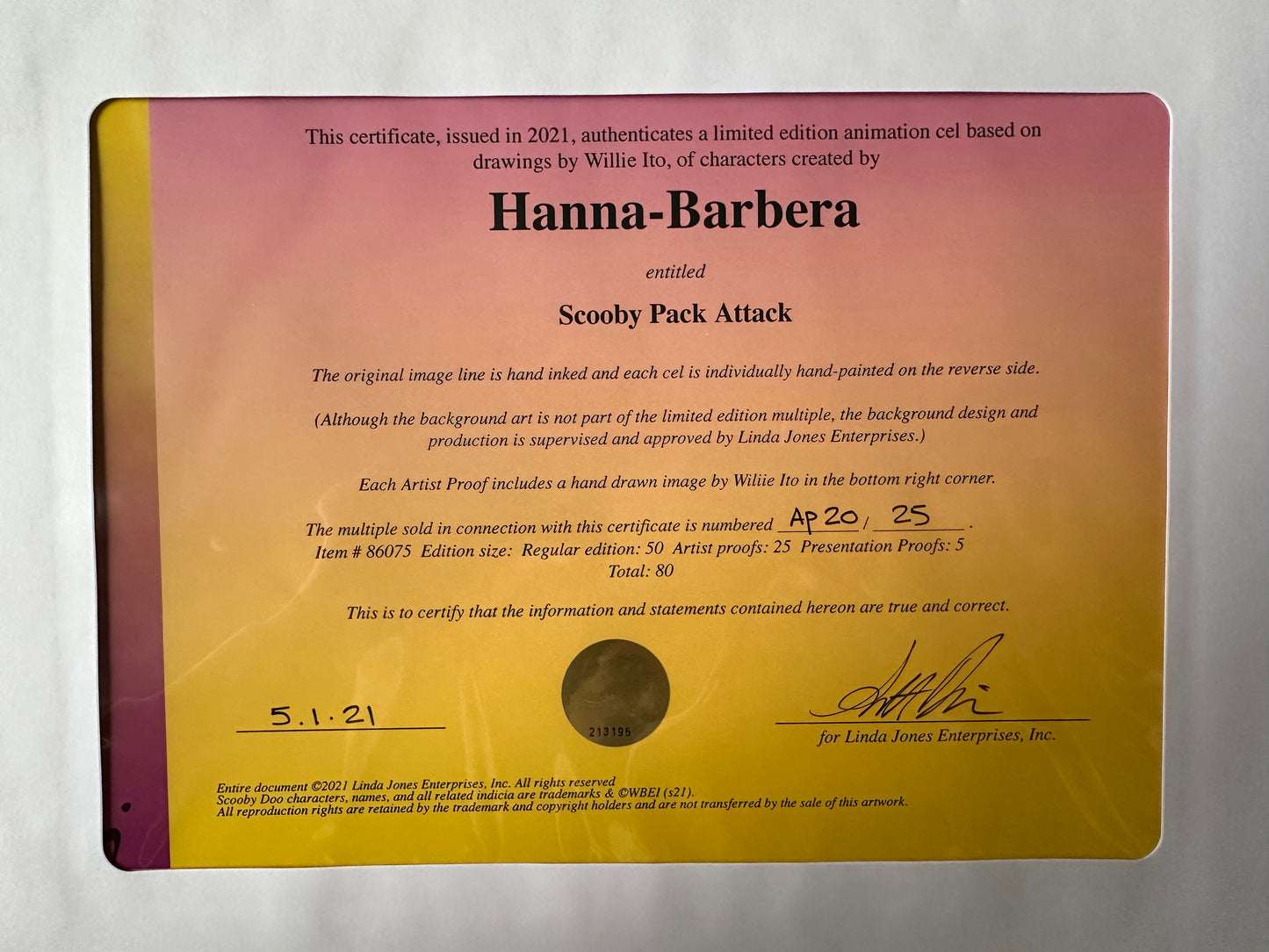 UNIQUE Scooby Doo Pack Attack Limited Edition Cel of 25 Signed by Willie Ito WITH DRAWING of Space Kook by Willie Ito OH