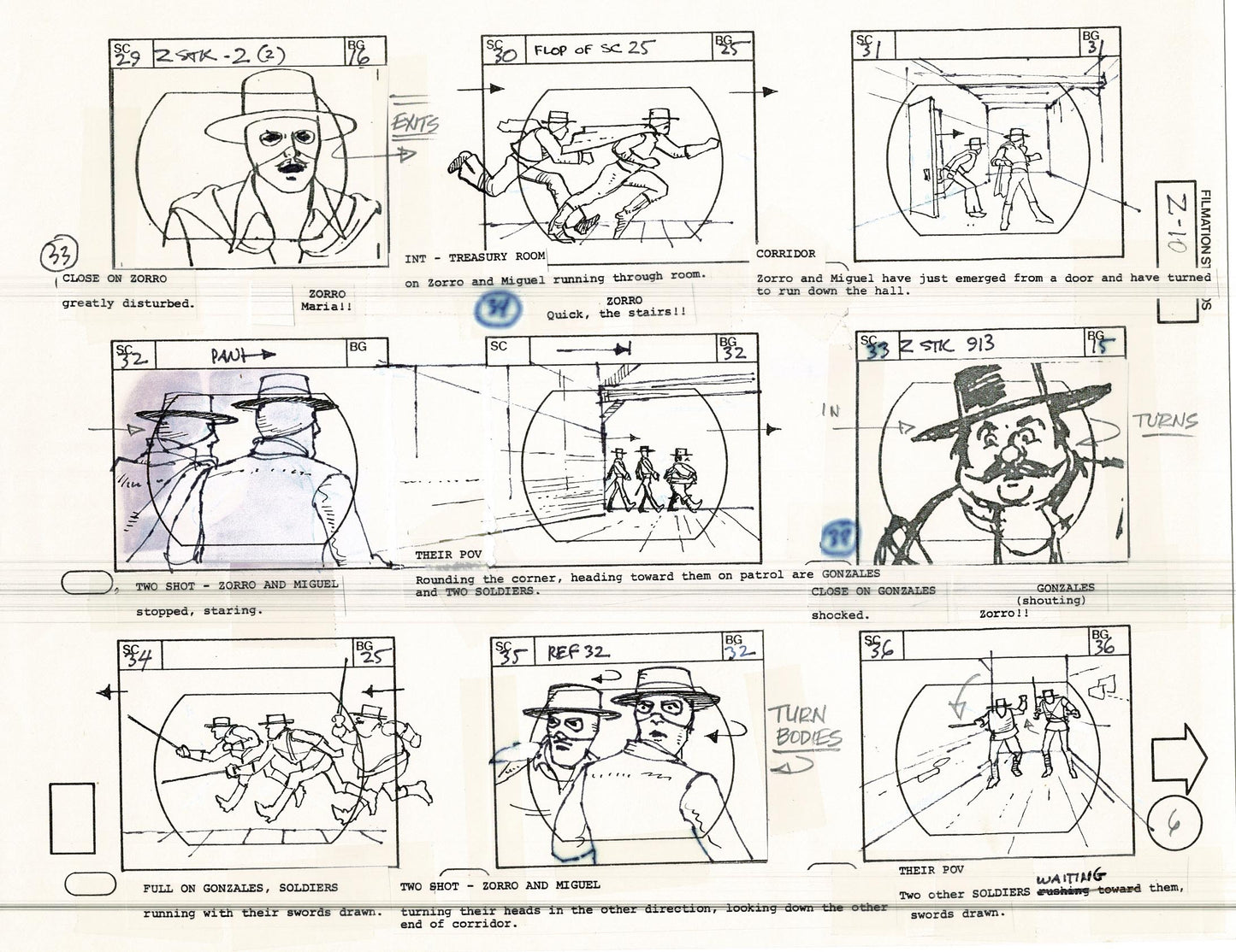 Zorro Storyboard Art Cartoon Page Vintage Animated Filmation 1981 A-006