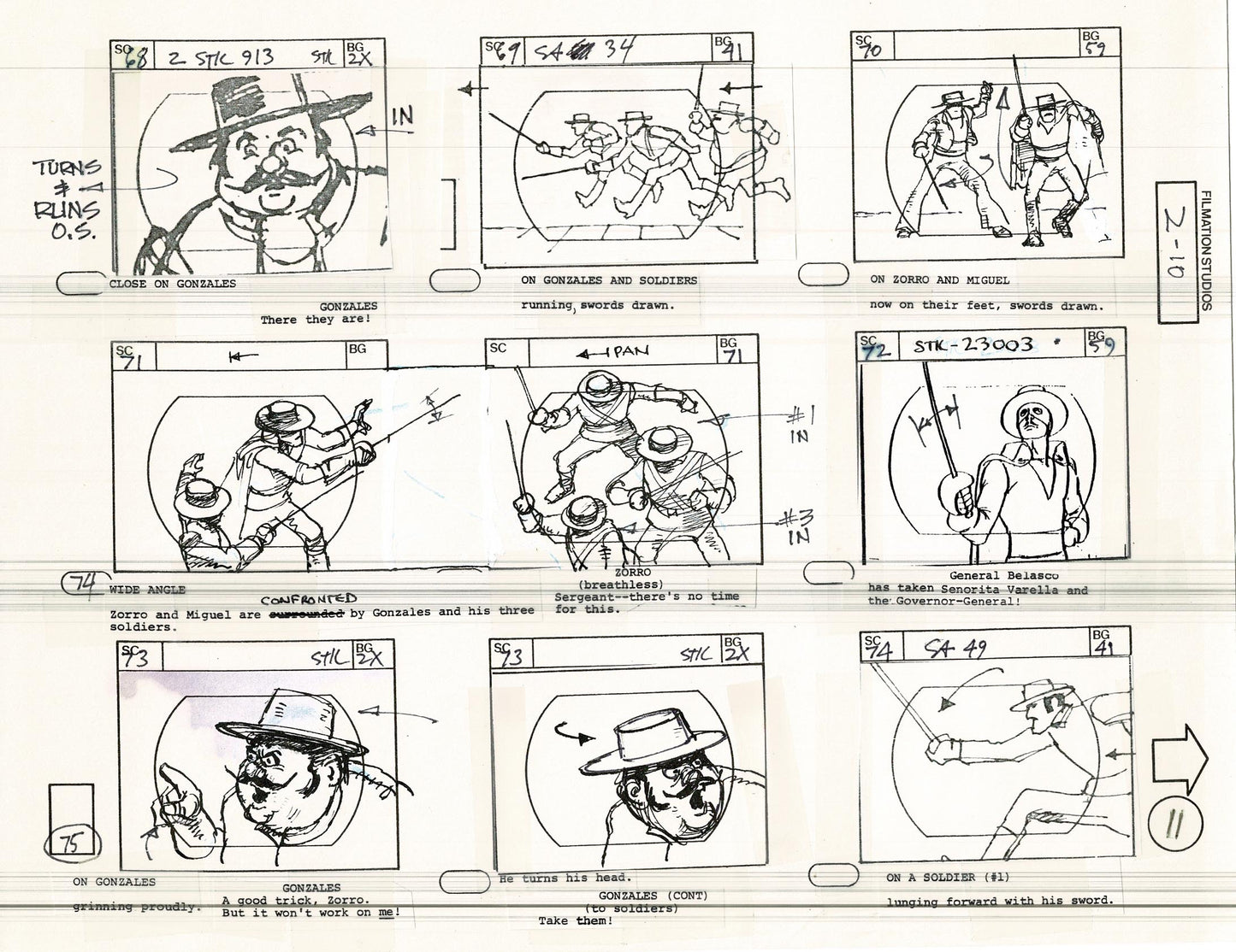 Zorro Storyboard Art Cartoon Page Vintage Animated Filmation 1981 A-011