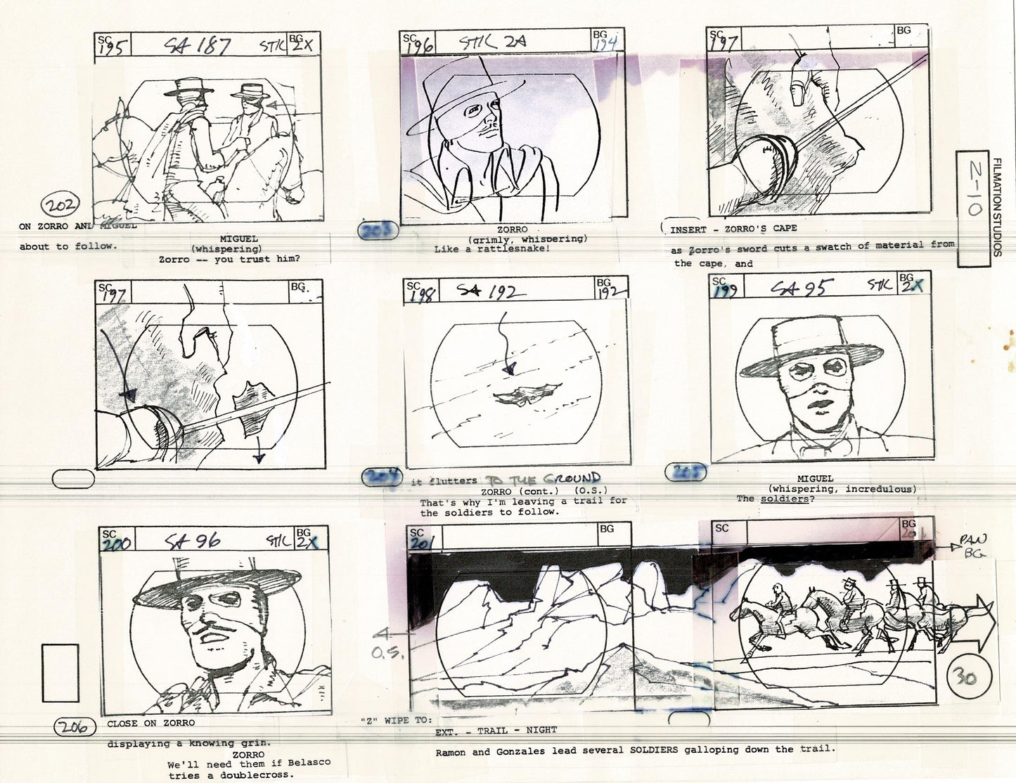 Zorro Storyboard Art Cartoon Page Vintage Animated Filmation 1981 A-033