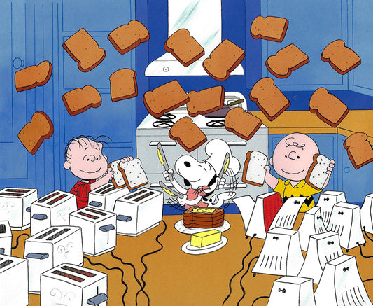 PEANUTS Charlie Brown Snoopy Thanksgiving Toast Limited Edition of 50 Animation Cel AND Signed Storyboard Print by Larry Leichliter