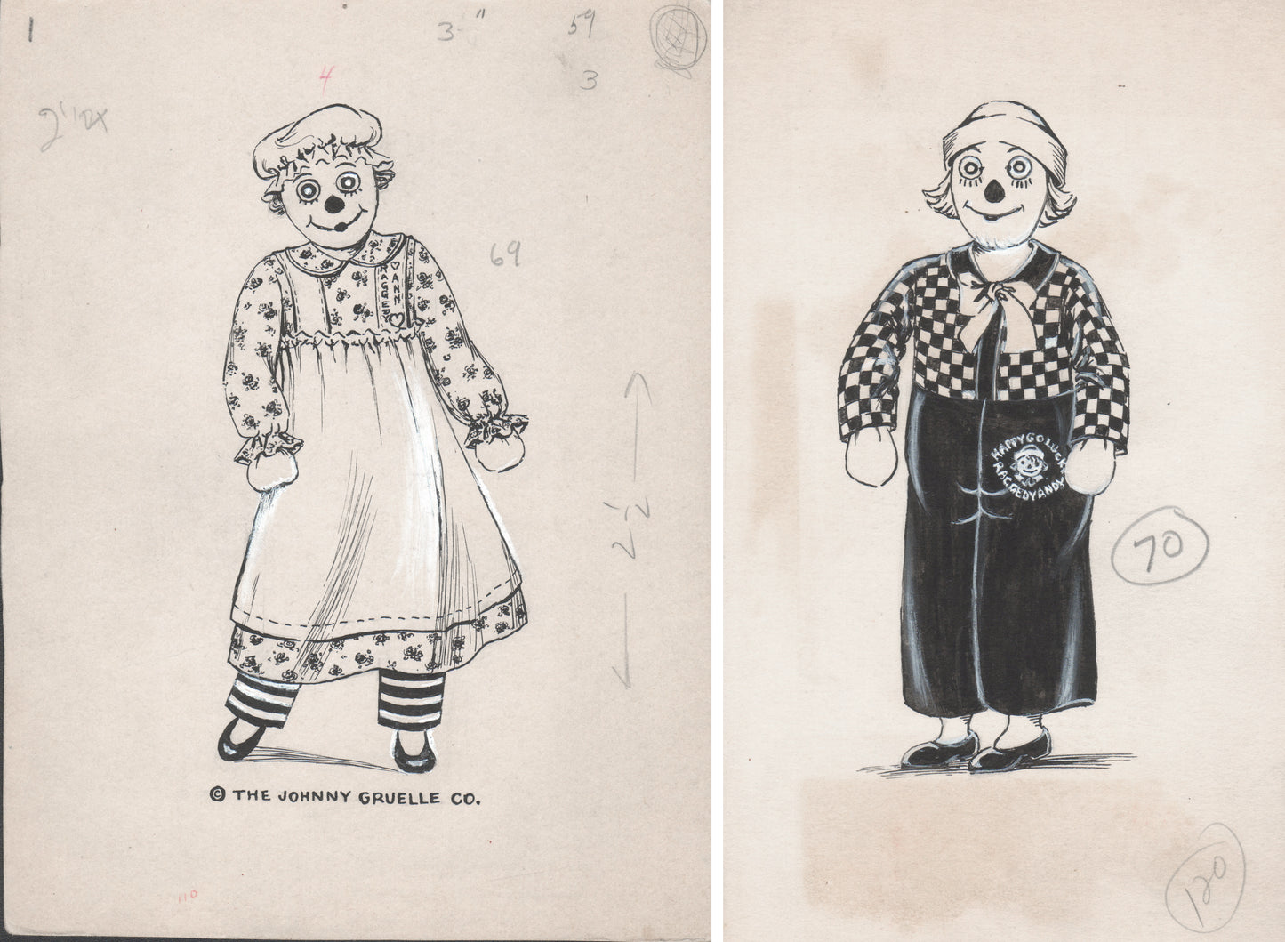 2 Raggedy Ann and Andy Hand-Inked Illustration Drawings 1950's Johnny Gruelle