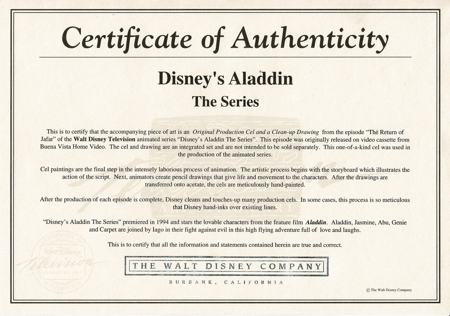 Aladdin The Genie Walt Disney Production Animation Cel and Drawing from 1994 Return of Jafar Framed 1 C-A