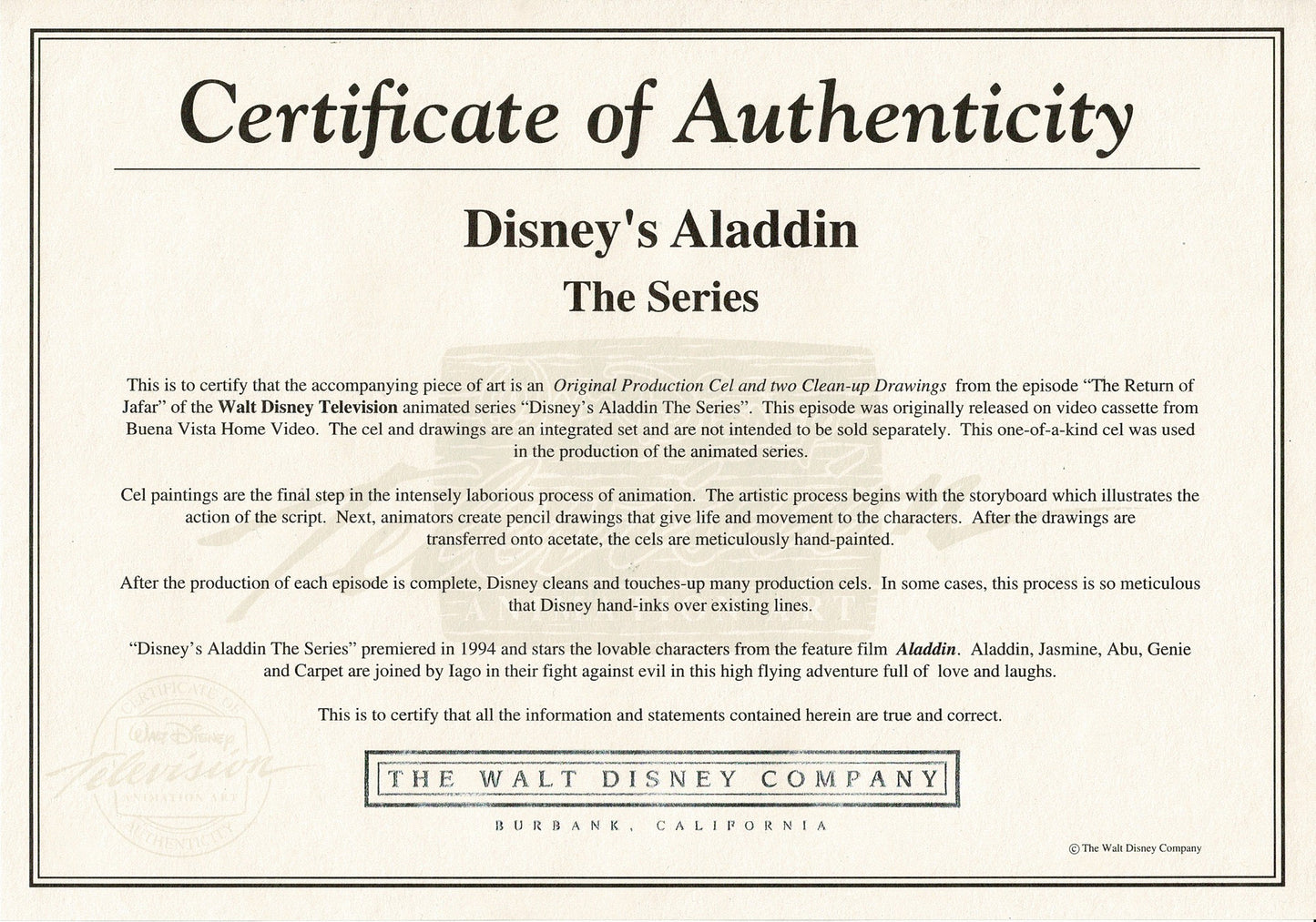 Aladdin and Iago Walt Disney Production Art Animation Cel and Drawings from 1994 Return of Jafar 3 C-A