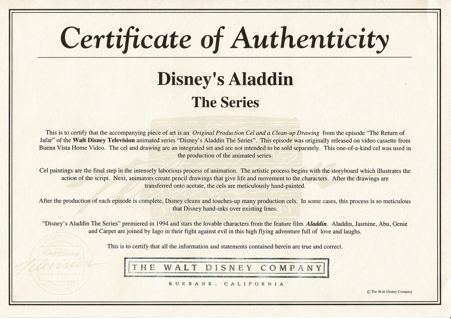 Aladdin Jasmine Walt Disney Cartoon Production Animation Cel and Drawing from 1994 Return of Jafar Matted 12 C-A