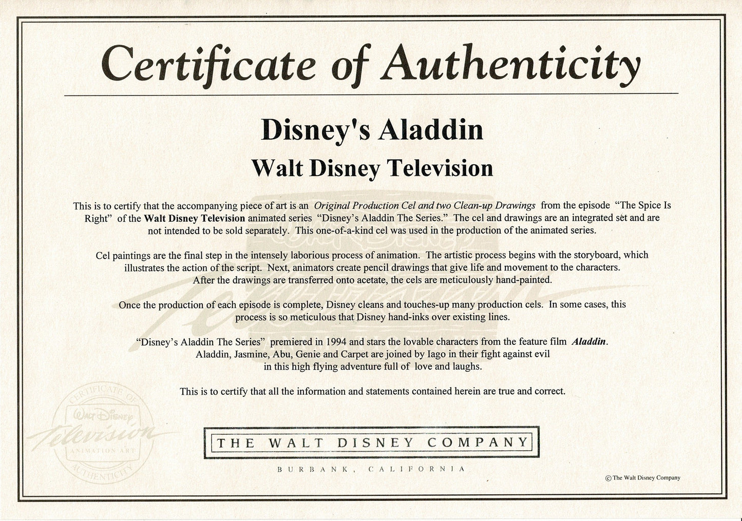 Aladdin TV Cartoon with Jasmine Walt Disney Production Art Animation Cel and Drawings from 1994 OH