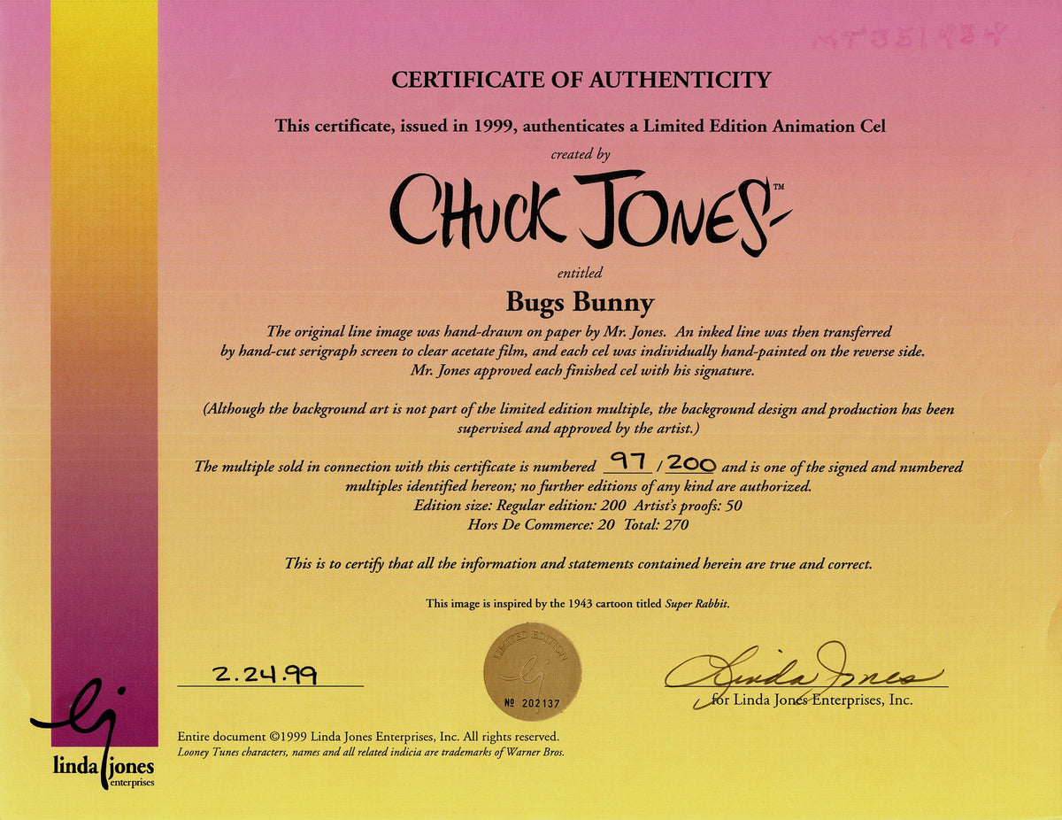Chuck Jones SIGNED Super Bugs Bunny Limited Edition Cel of 200 Looney Tunes Warner Brothers 1999 OHC