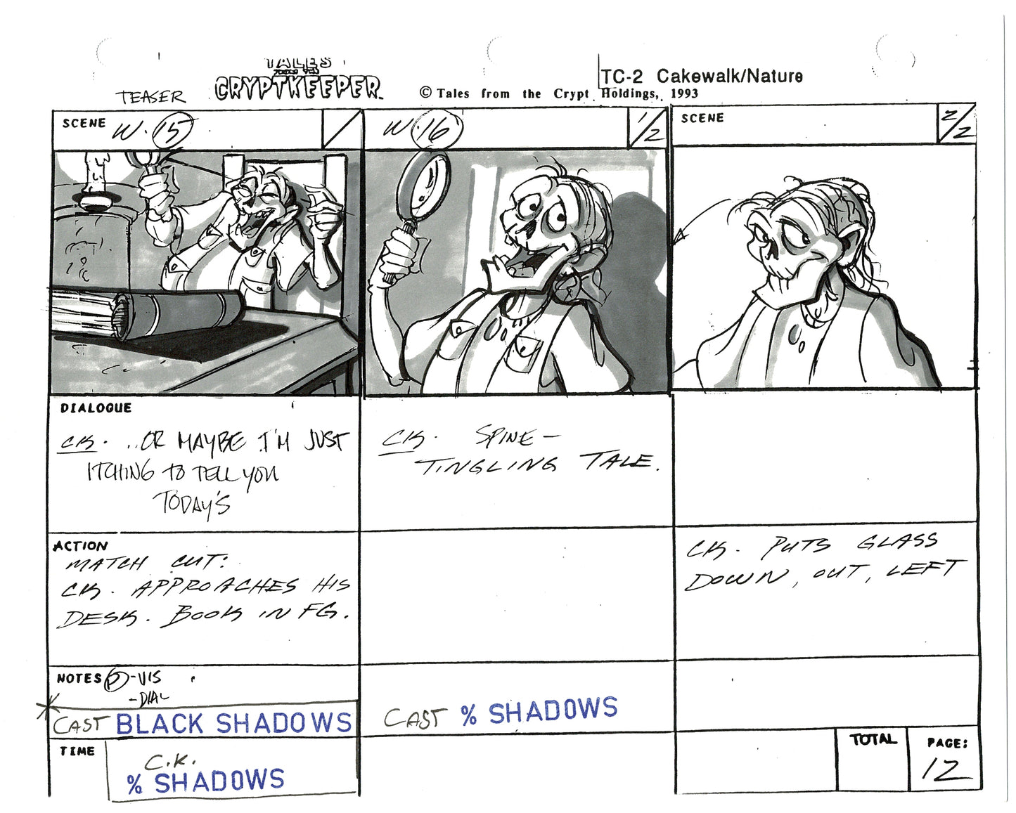 Tales From The Cryptkeeper Production Hand-Drawn Storyboard Nelvana 1993 A-16