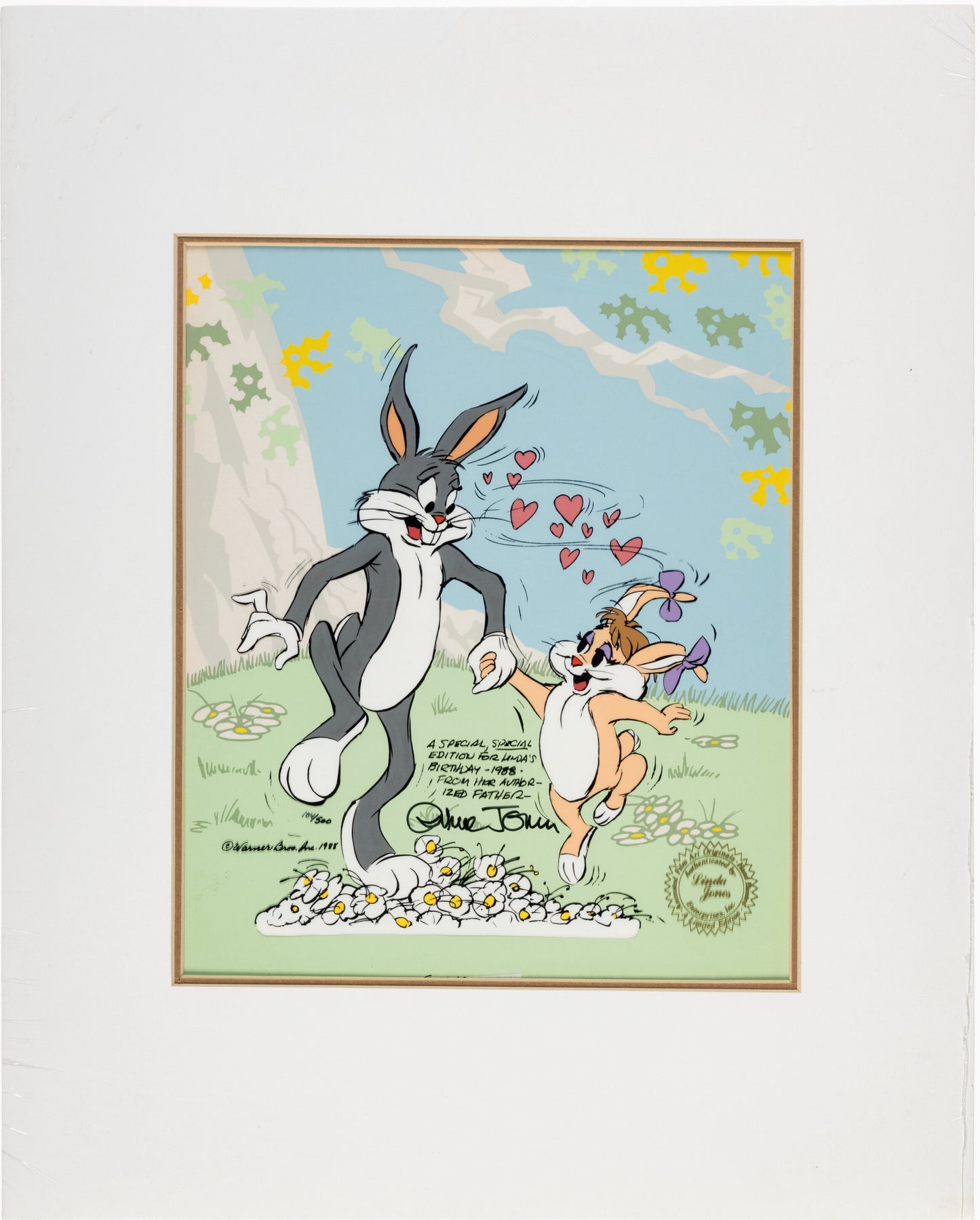 Chuck Jones SIGNED Bugs Bunny Birthday Card Limited Edition Cel Looney Tunes Warner Brothers 1988 Matted