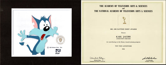 Tiny Toon Adventures Original Production Cel of Furrball and a 1992-3 Emmy Award Certificate for Kal Jacobs