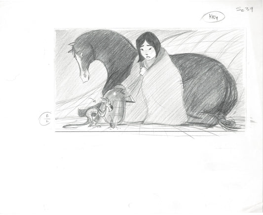 Mulan Walt Disney Key Concept Storyboard Drawing of Mulan, Khan, Mushu and Cri-Kee by Tom Shannon 1988