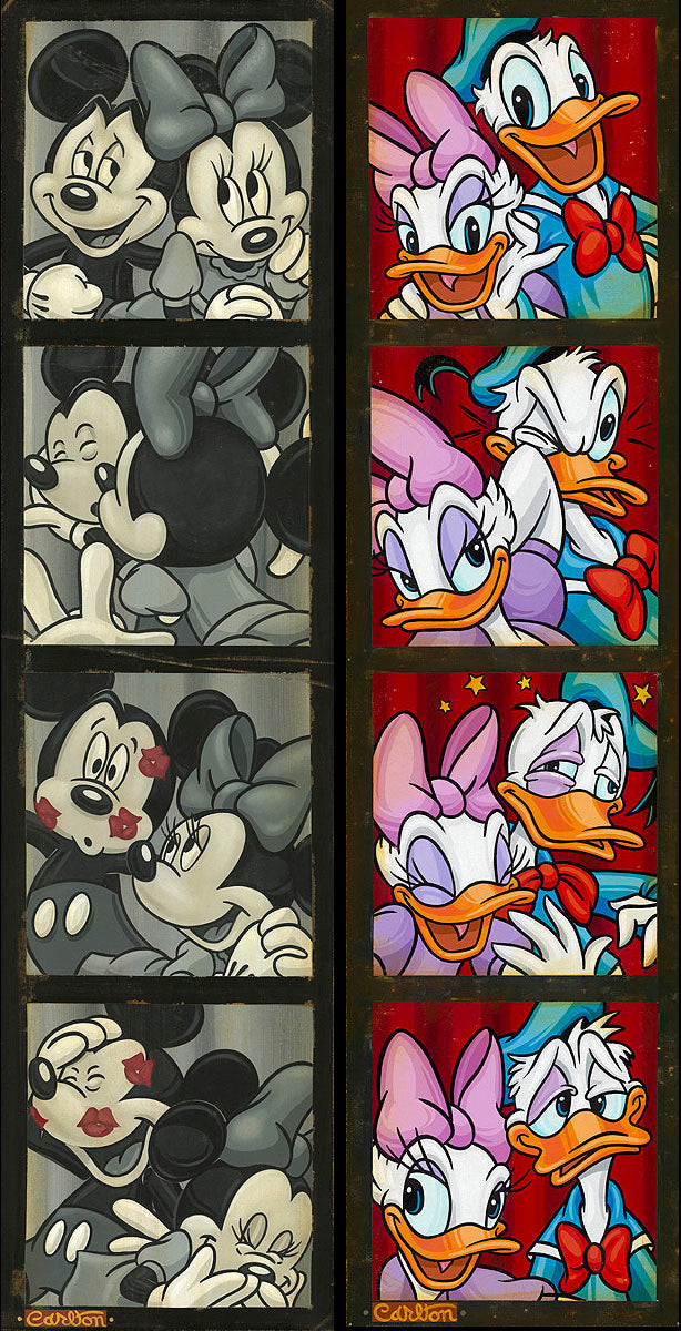 2 LOT: Mickey Mouse Donald Duck Walt Disney Fine Art Trevor Carlton Signed Lt Ed of 195 Prints Canvas "Photo Booth Kiss" "Photo Booth Chaos"