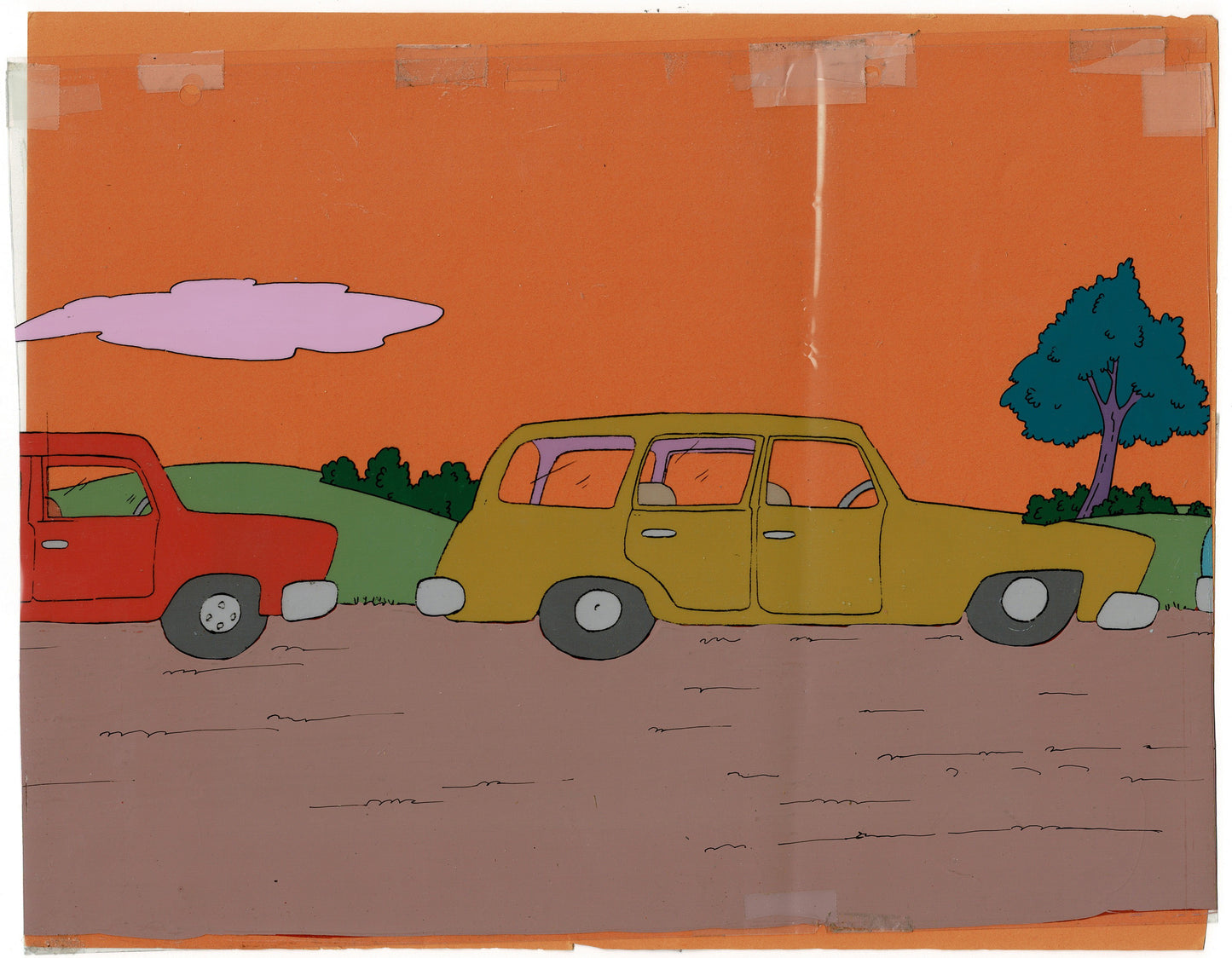 Simpsons Original Production Animation Cel Setup AND BACKGROUND - Homer, Bart, Marge, Maggie and Lisa - 1990