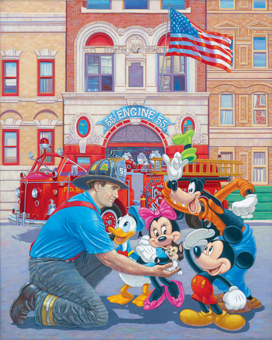 Mickey Mouse Fireman Walt Disney Fine Art Manuel Hernandez Signed Limited Edition Print of 295 on Canvas "Engine 55"