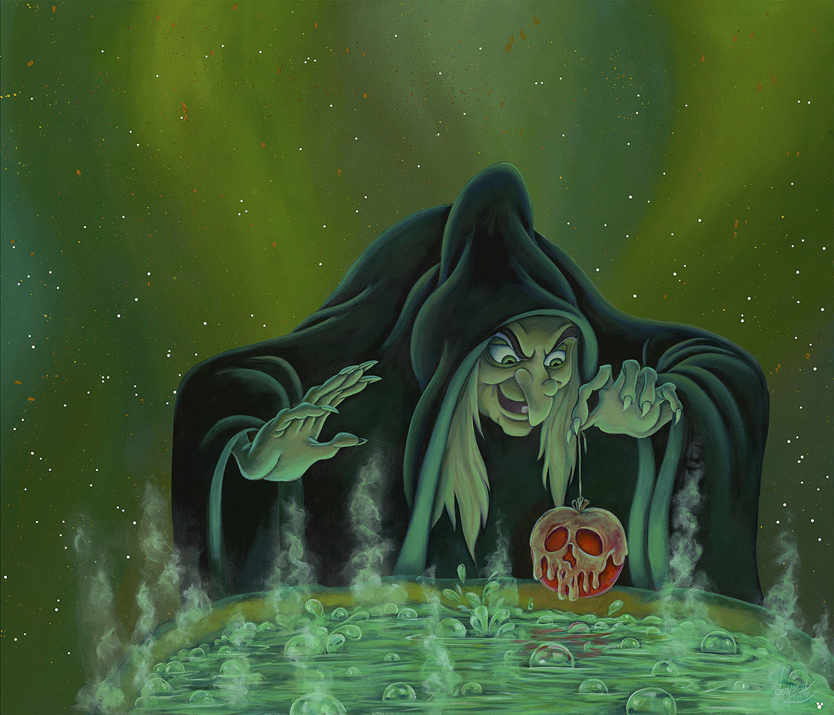 Snow White Seven Dwarfs With Evil Queen Walt Disney Fine Art Denyse Klette Signed Limited Edition of 195 on Canvas "In The Brew"
