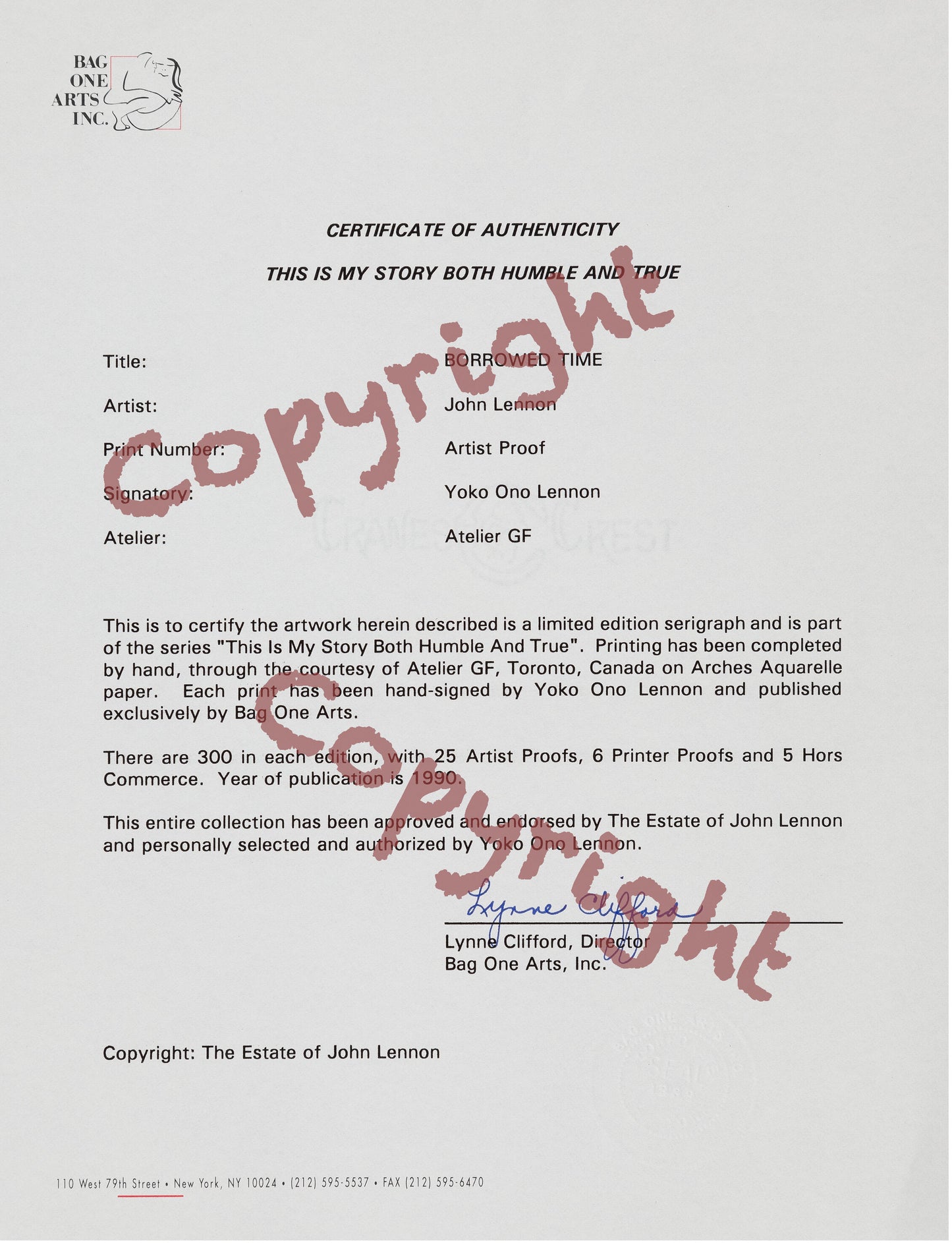 John Lennon Borrowed Time Serigraph on Paper 1990 Ltd Ed AP Yoko Ono Signed Framed from Bag One Arts