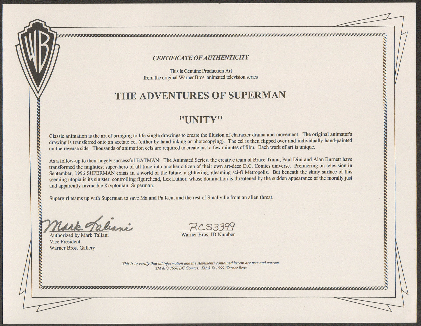 SUPERMAN The Animated Series Original production animation cel Supergirl DC Warner Brothers signed by Nicholle Tom 399