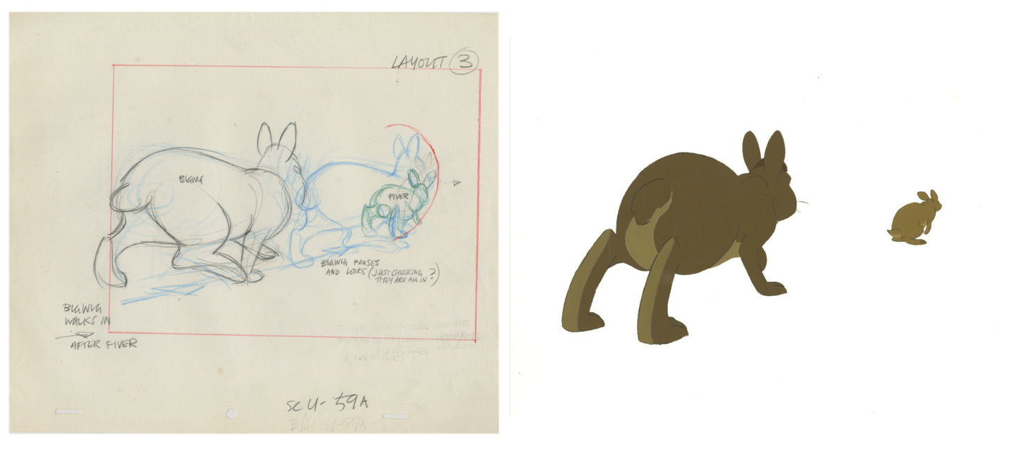 2 lot Watership Down FIVER and Bigwig 1978 production animation cel AND LAYOUT Drawing 127-35