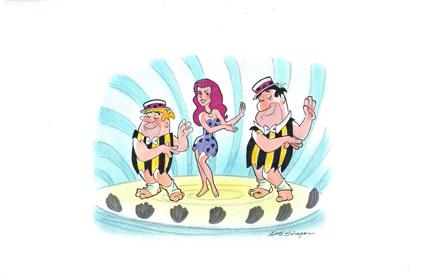 The FLINTSTONES Fred Barney and Anne Margrock Large Pencil/Pastel Drawing Signed by Bob Singer