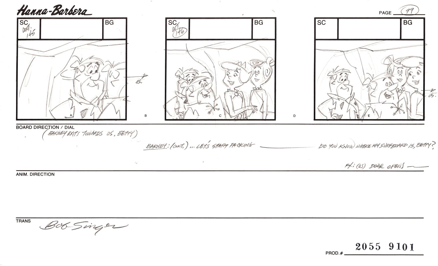 Flintstones Hollyrock-a-Bye Baby Animation Storyboard from Hanna Barbera Signed by Bob Singer 1993 99