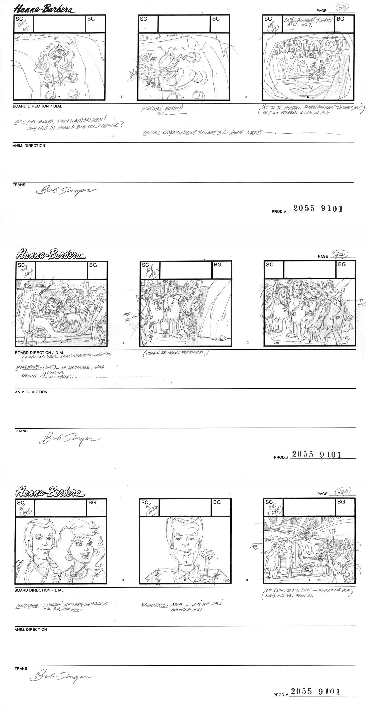 3 LOT of Flintstones Hollyrock-a-Bye Baby Animation Storyboards Entertainment Tonight BC from Hanna Barbera Signed by Bob Singer 1993