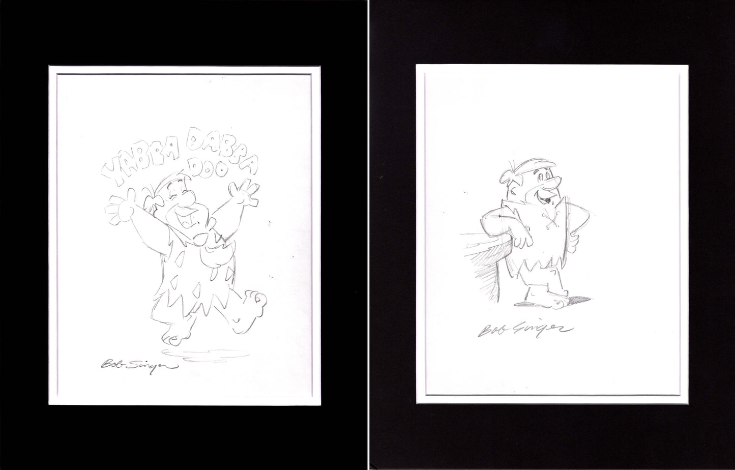 2 LOT The FLINTSTONES Fred Flintstone and Barney Rubble Pencil Drawings Signed by Bob Singer