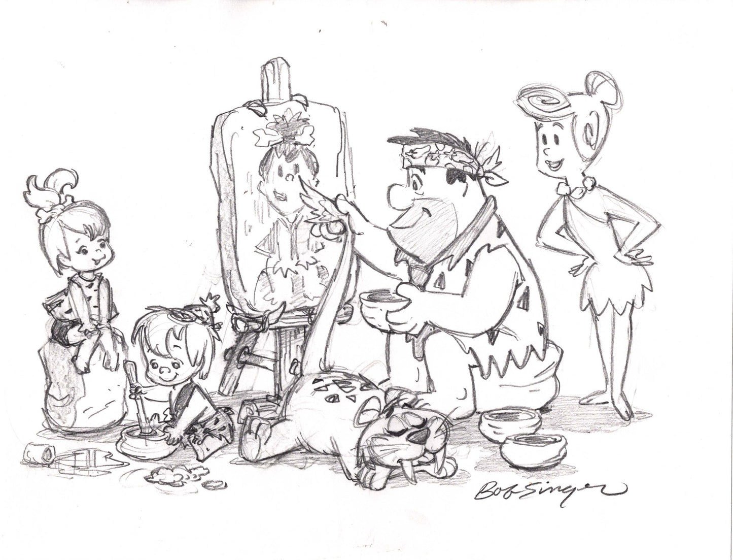 The FLINTSTONES Fred Wilma Family Pencil Scene Drawing Signed by Bob Singer Pebbles Portrait