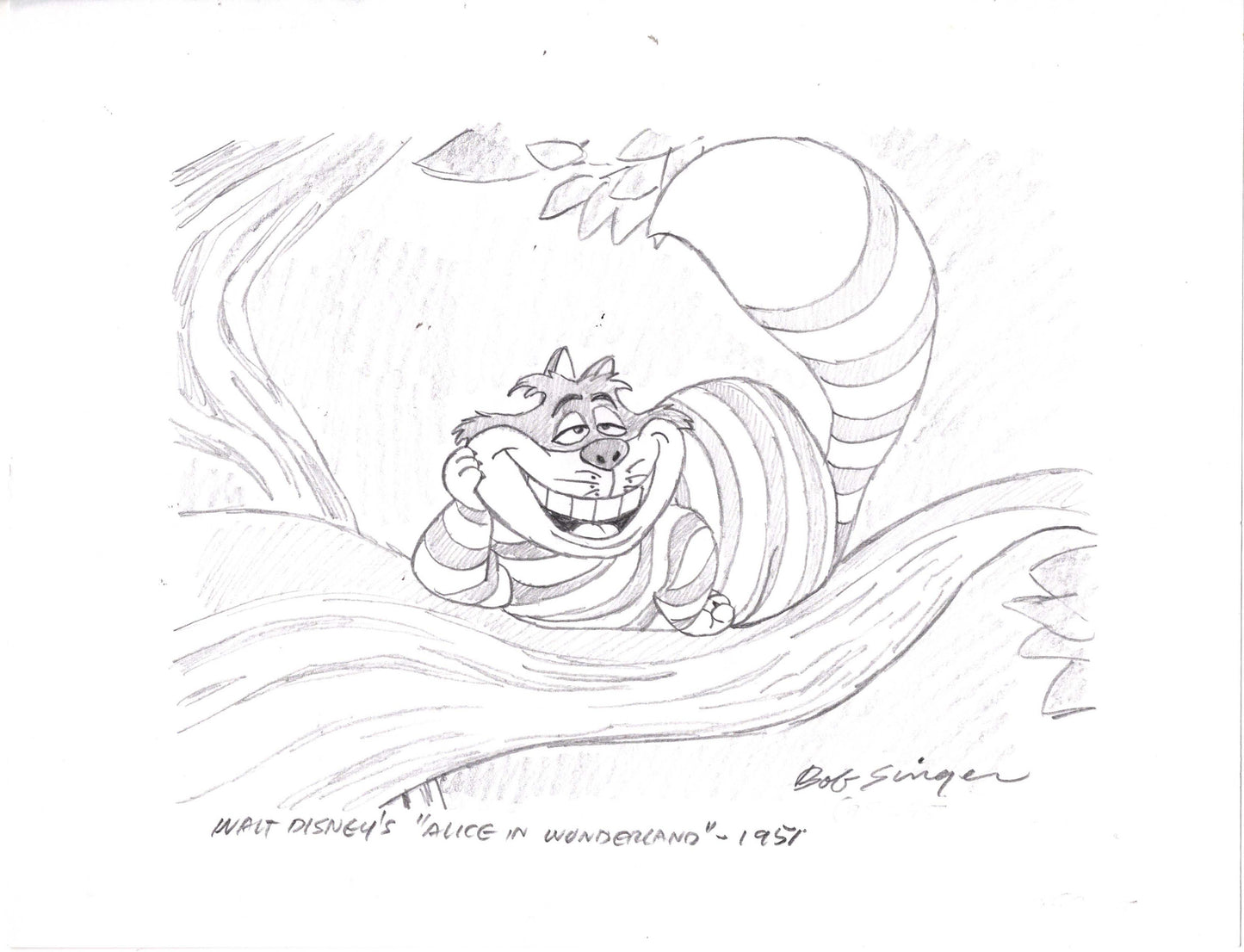 Alice in Wonderland Cheshire Cat Pencil Scene Drawing Signed by Bob Singer