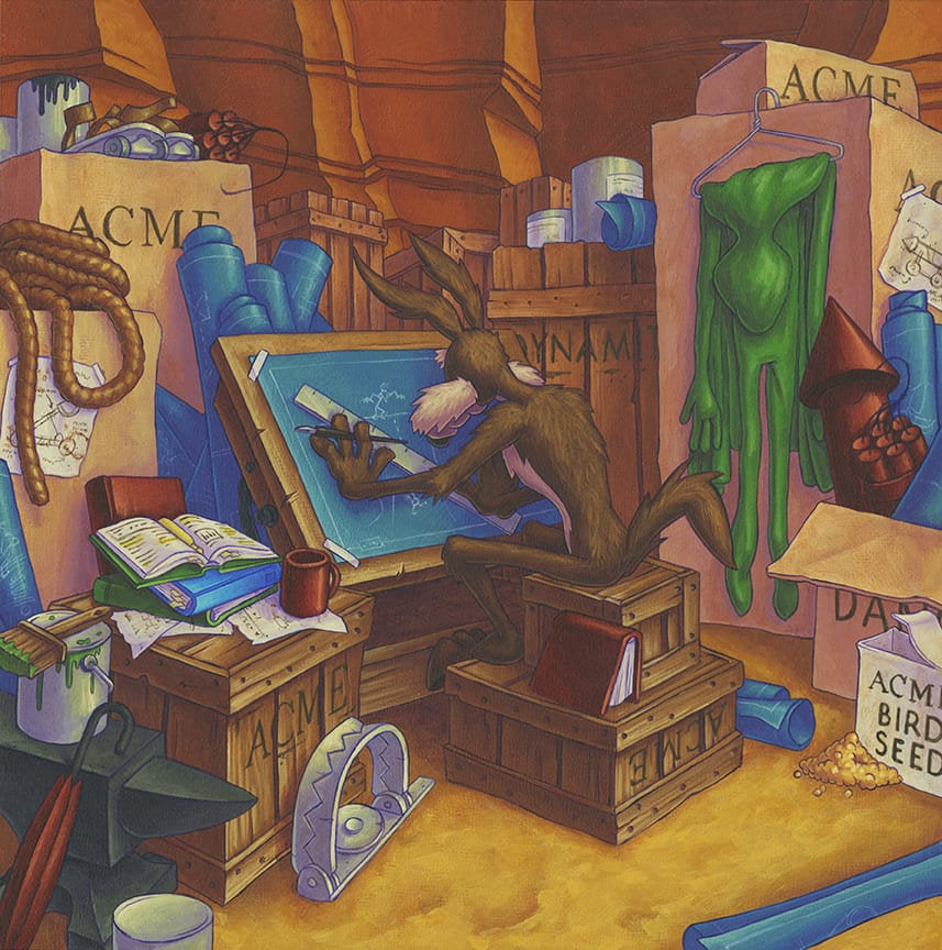 Mike Bilz Signed Genius at Work Wile E Coyote Warner Brothers Limited Edition of 75 Giclee on Canvas