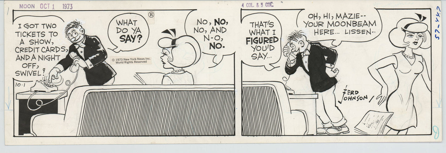 Moon Mullins Original Ink Daily Comic Strip Art signed Ferd Johnson 1973 B3046