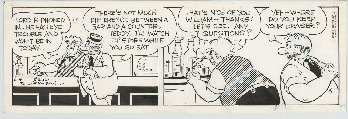 Moon Mullins Original Ink Daily Comic Strip Art signed Ferd Johnson 1974 B3065