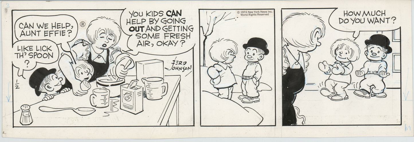 Moon Mullins Original Ink Daily Comic Strip Art signed Ferd Johnson 1974 B3069