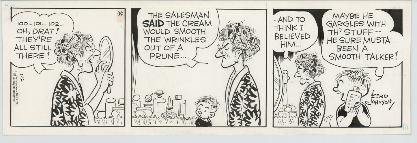 Moon Mullins Original Ink Daily Comic Strip Art signed Ferd Johnson 1974 B3097