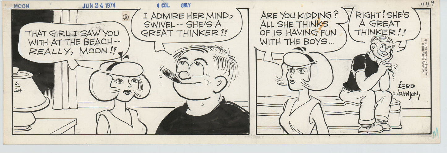 Moon Mullins Original Ink Daily Comic Strip Art signed Ferd Johnson 1974 B3056