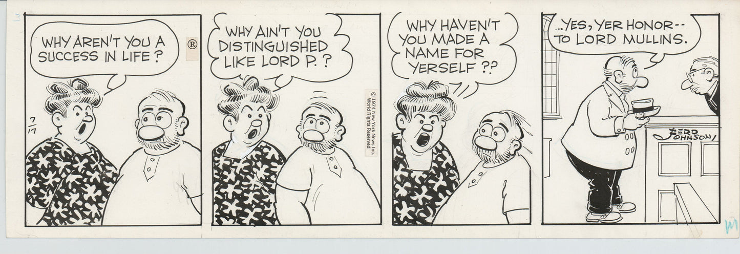 Moon Mullins Original Ink Daily Comic Strip Art signed Ferd Johnson 1974 B3009