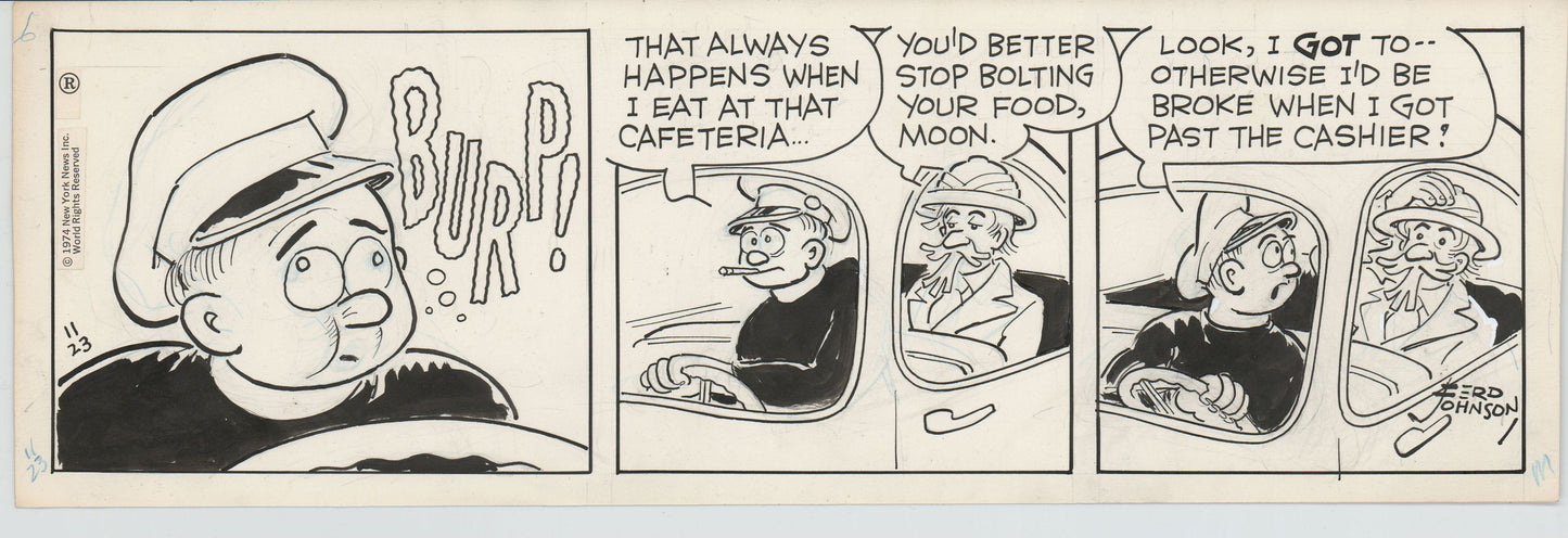 Moon Mullins Original Ink Daily Comic Strip Art signed Ferd Johnson 1974 B3051