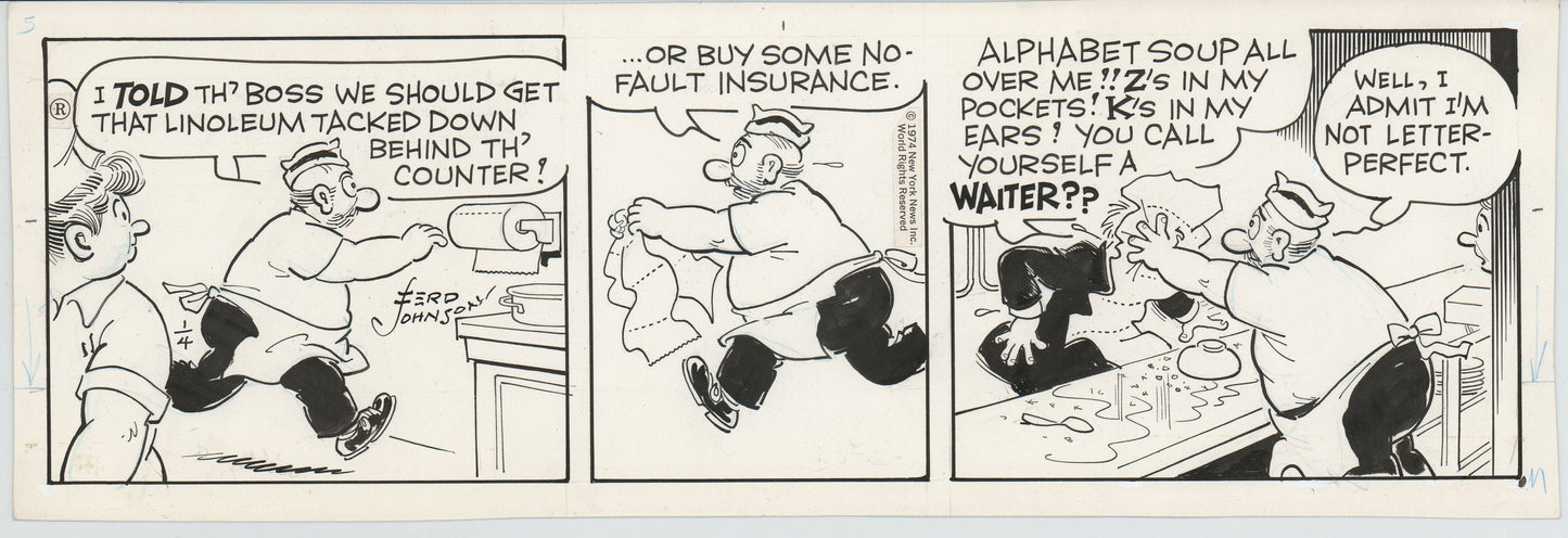 Moon Mullins Original Ink Daily Comic Strip Art signed Ferd Johnson 1974 B3062
