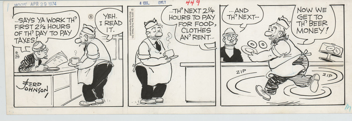 Moon Mullins Original Ink Daily Comic Strip Art signed Ferd Johnson 1974 B3066