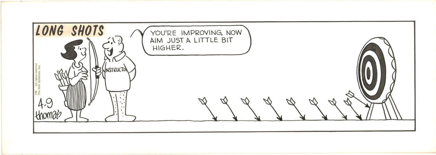 Fred Thomas Signed Long Shots Original Comic Art Strip Panel Cartoon about archery b4176